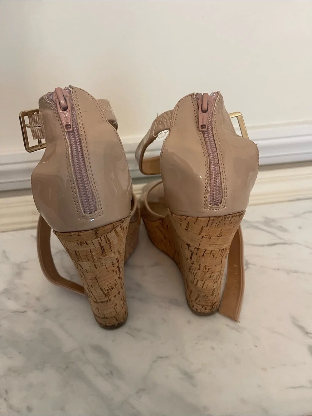 Material Girl Nude Patent Cork Wedge Sandals